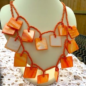Vintage Orange, Two Strand Shell and Bead Necklace